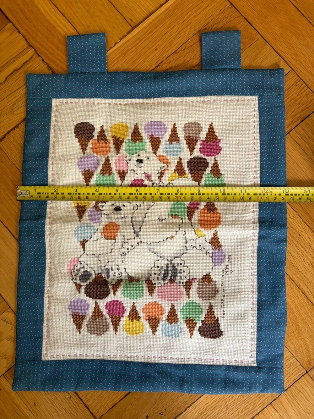 Vintage Cross Stitch Cloth Wall Hanging w. Polar Bears & Ice Cream. Pastels. 90s
